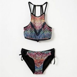 Swimsuits For All Strappy Halter Top Bikini Tie at Hip Bottoms Multi Color Mesh